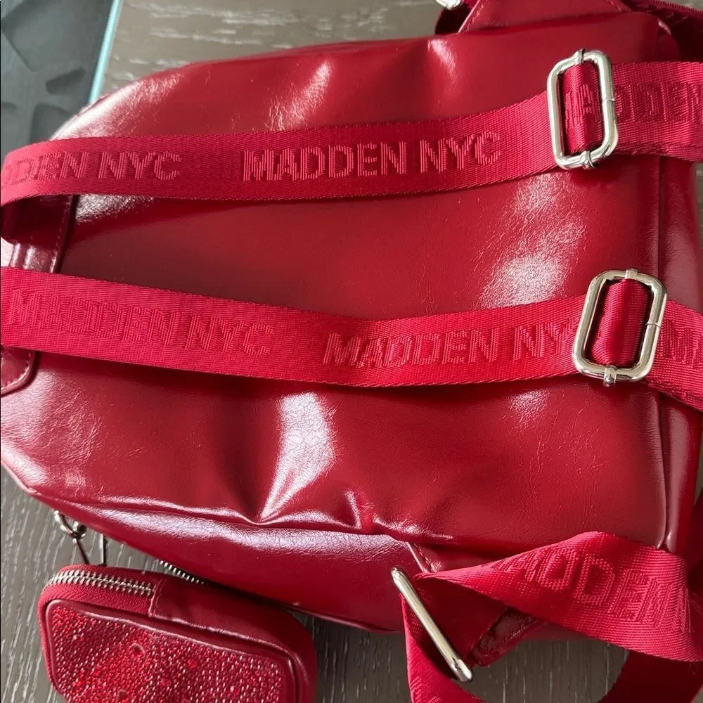 Madden NYC Red Patent Faux Leather Backpack Travel Everyday Wear Bag Casual EUC
